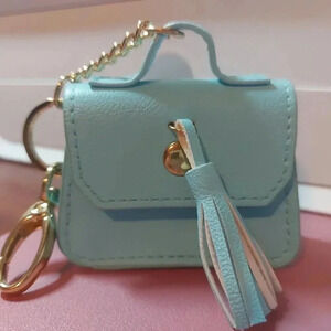 👜 Aqua Blue Faux Leather and Gold Hardward Mini Bag Key Ring Handbag  Charm